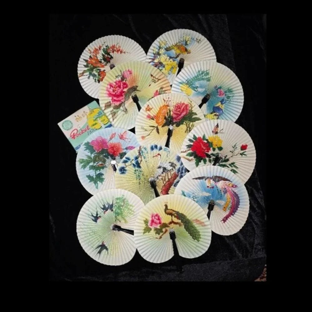 Chinese Paper Folding Hand Fan W/Metal Handle, VTG Mid-Century, #60 - Picture 5 of 5